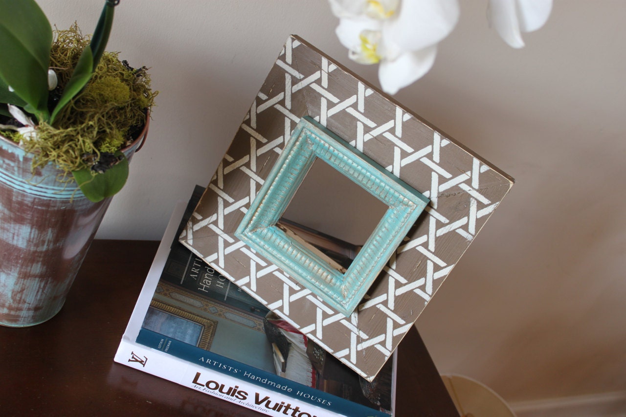 Distressed Picture Frame Bamboo Vintage White on Chocolate with Gold glazed Turquoise Trim 5x5 Table Top Frame