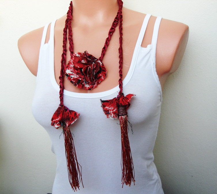 Crochet floral Lariat Scarf fringe headband,hair flower, tattered, belt or neck accessorie