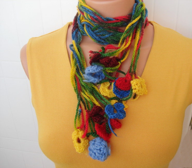 Crochet Braid  floral Lariat Scarf hair and neck accessorie multi  colored red green blue  yellow