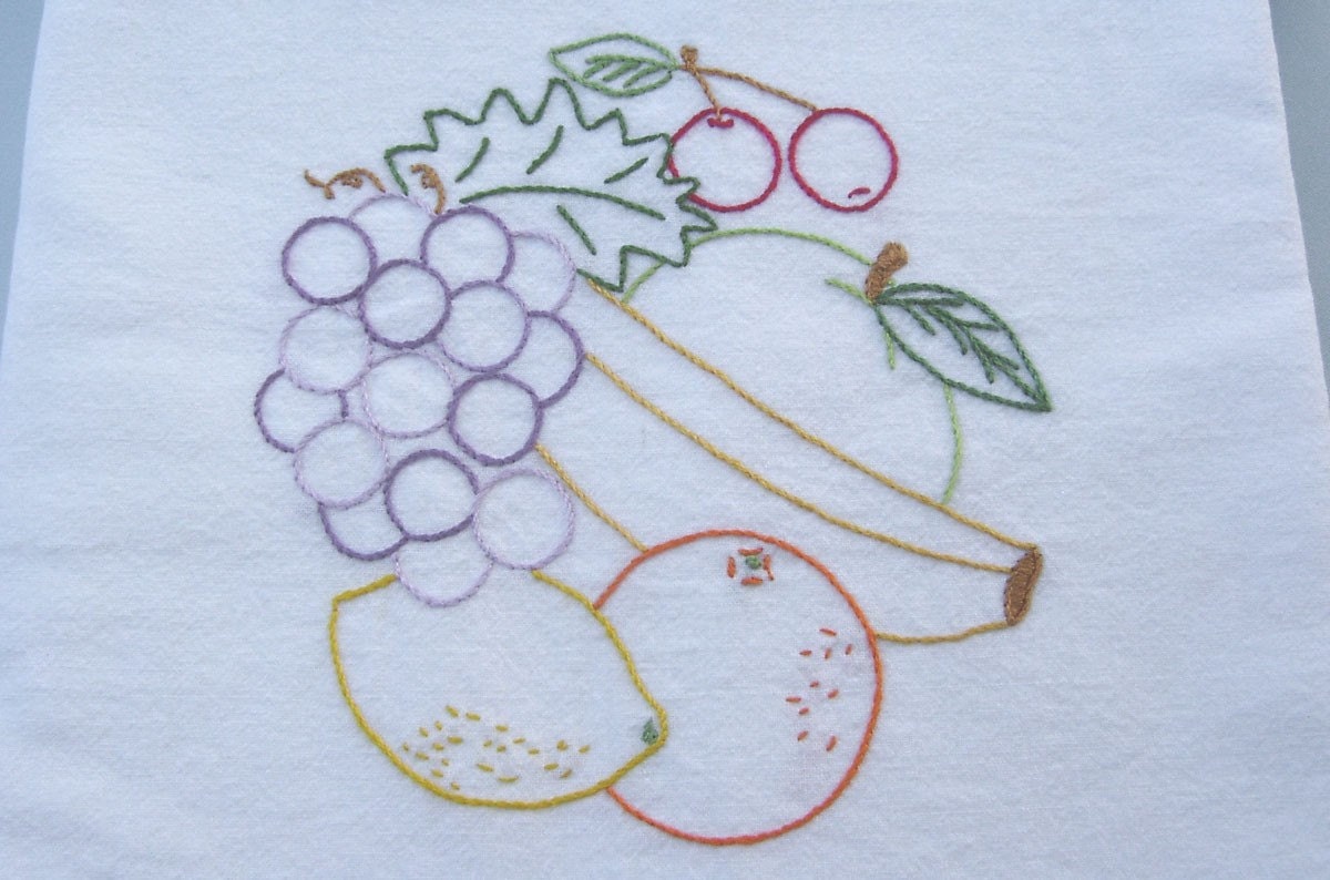 Embroidered Towel Tea Dish Cotton Flour Sack Dishtowel Hand Embroidery Retro Fruit Mid Century Kitchen Vintage Style Decor