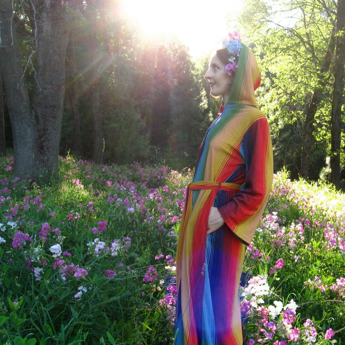 60s CAFTAN Of MANY COLORS Hooded Rainbow Amazingness