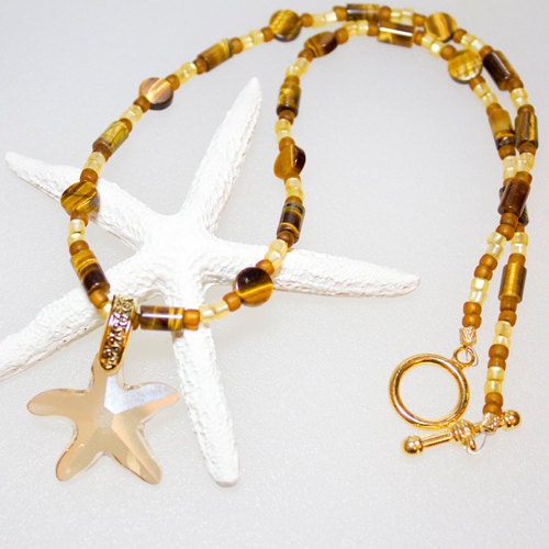 Tiger Eye Necklace, Crystal Star Pendant Beige Golden Shadow