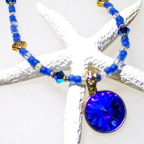 Necklace Large Sapphire Blue Crystal Pendant, Beads