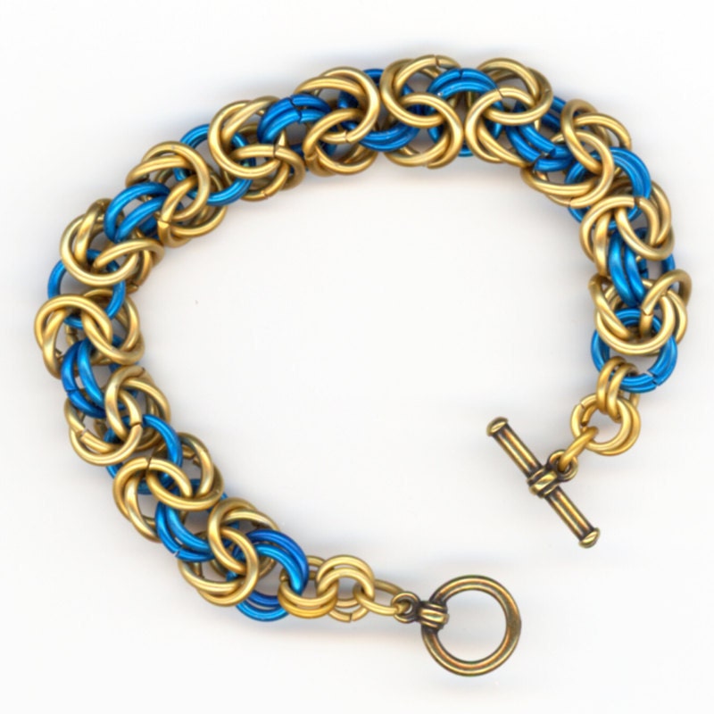 Bracelet Blue and Gold Chainmaille Style Byzantine Pattern, Shortened to Size