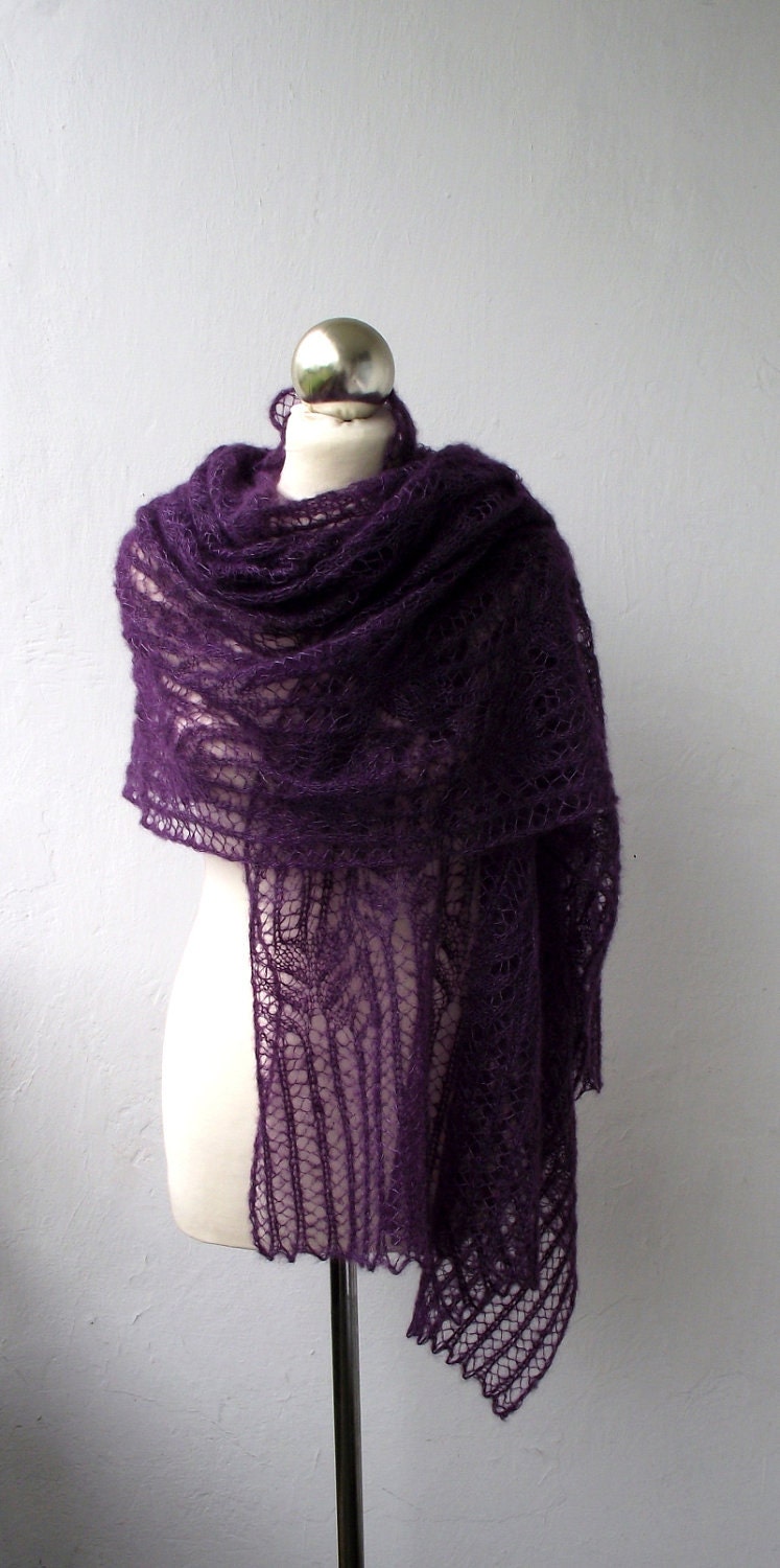 Purple Flowers hand knitted kidsilk lace stole