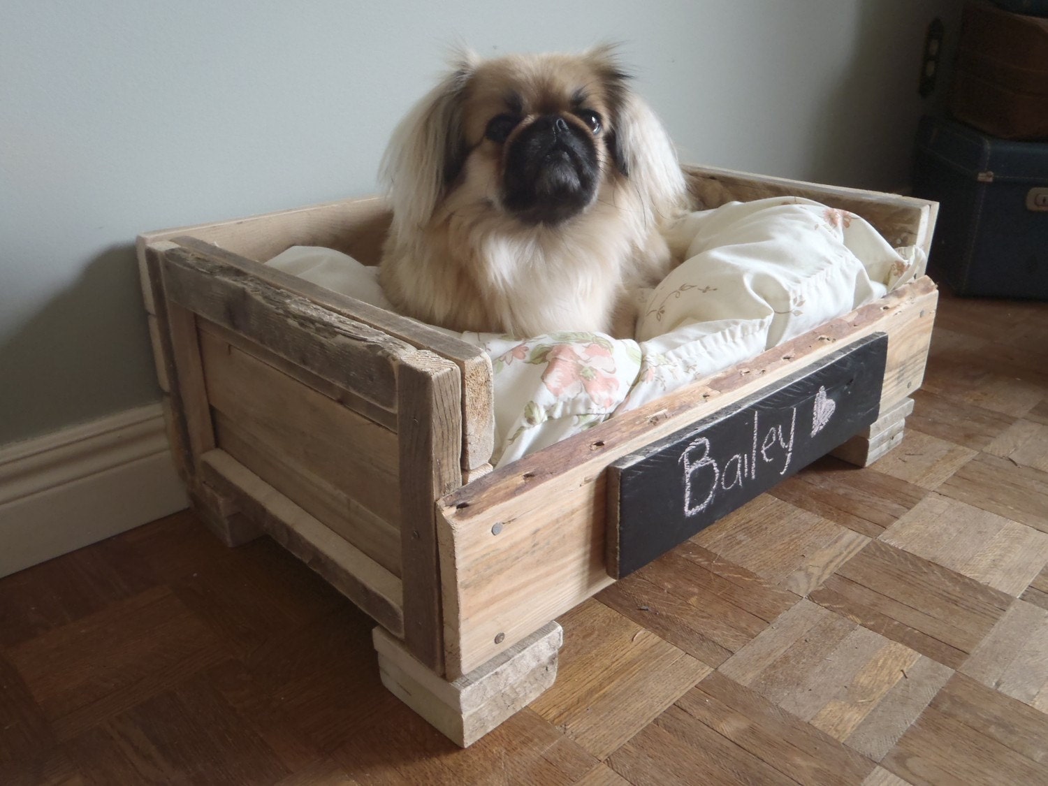 RESERVED Reclaimed Wood Pet Bed - Natural and White Floral - 2 Dollars goes to LAPS animal protection