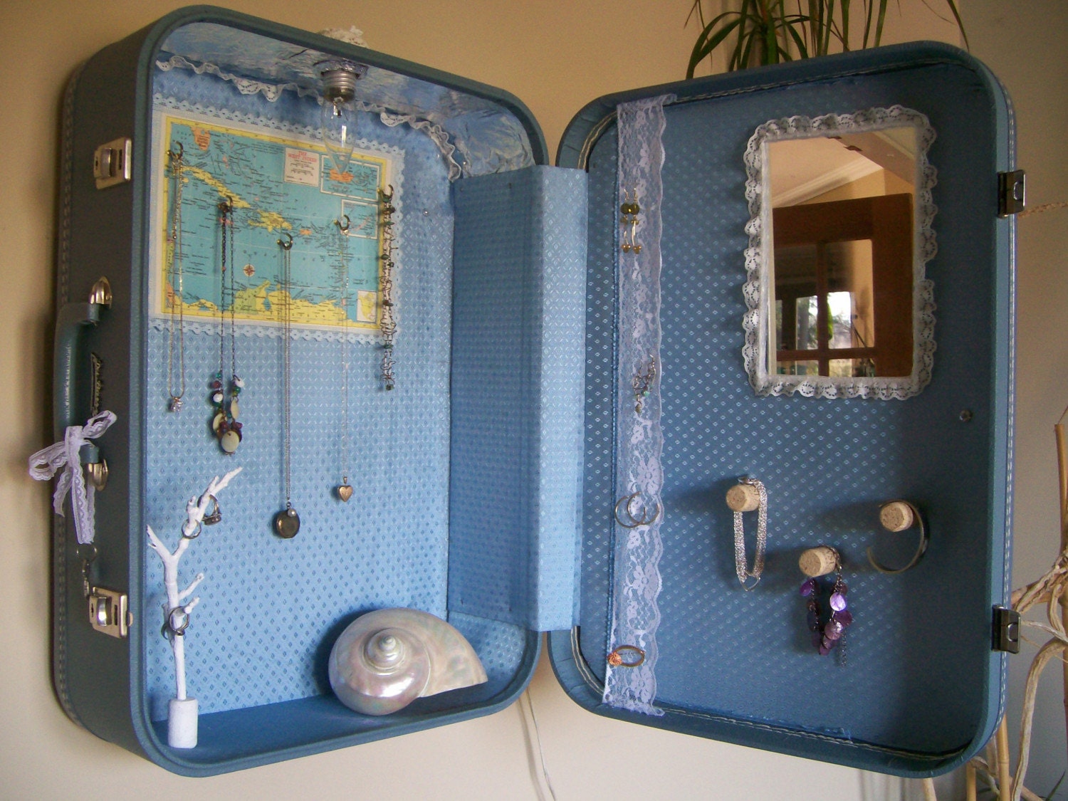O N S A L E Upcycled Vintage Jewlery Display Box - Blue with White Clematis Painting - Eco Earth Friendly