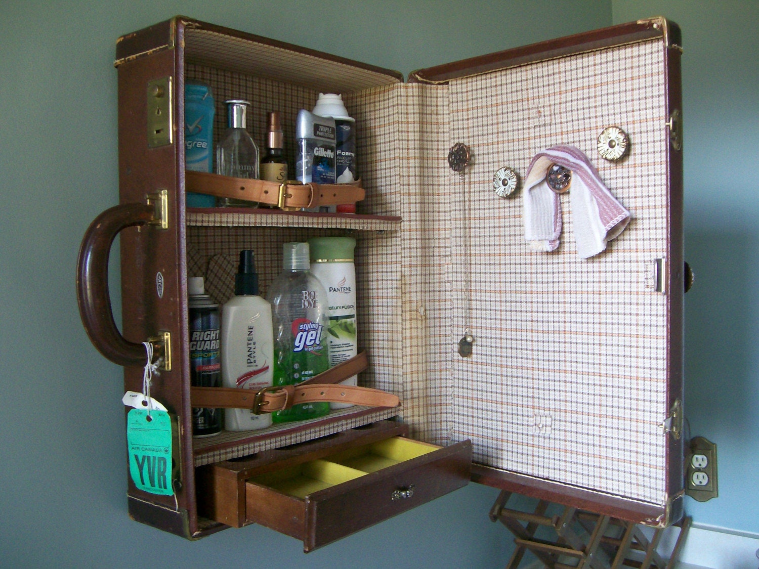 O N S A L E Rustic Vintage Suitcase Vanity - Brown Leather with Checkered Interior - Eco Chic