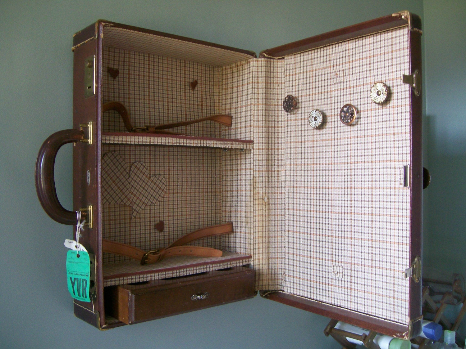 O N S A L E Rustic Vintage Suitcase Vanity - Brown Leather with Checkered Interior - Eco Chic