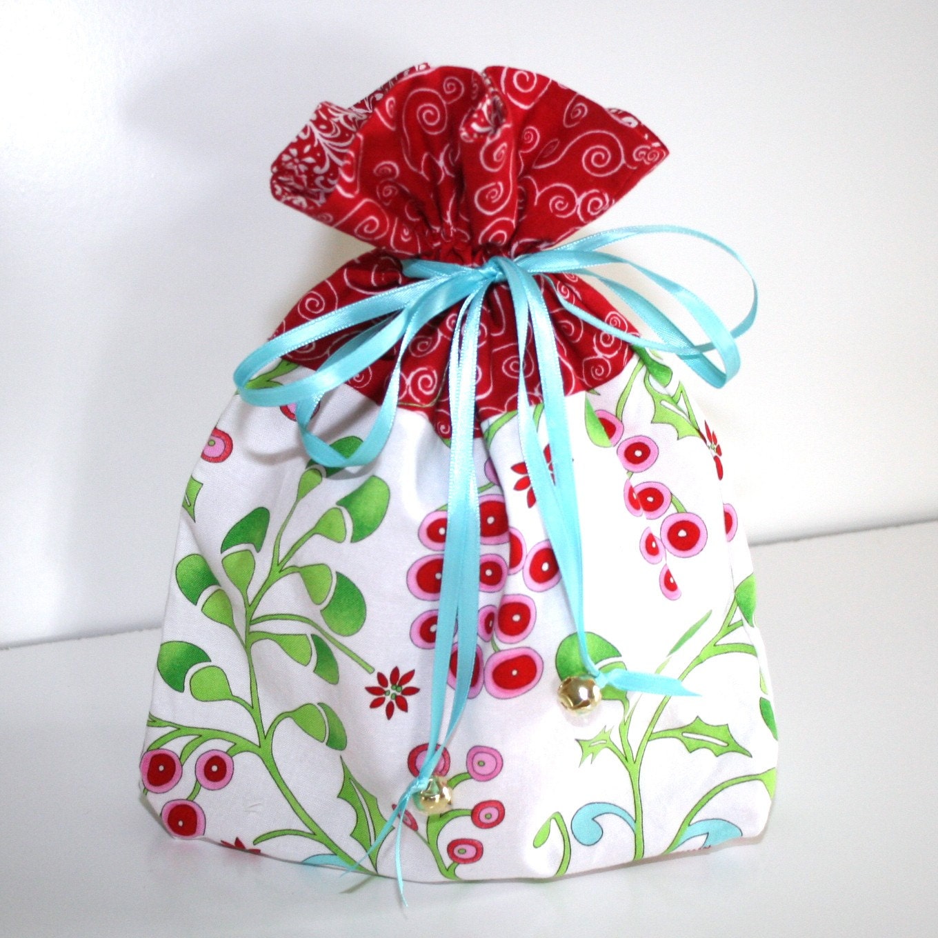 Small Reusable Holiday Fabric Gift Bag or Project Bag - Eco-Friendly