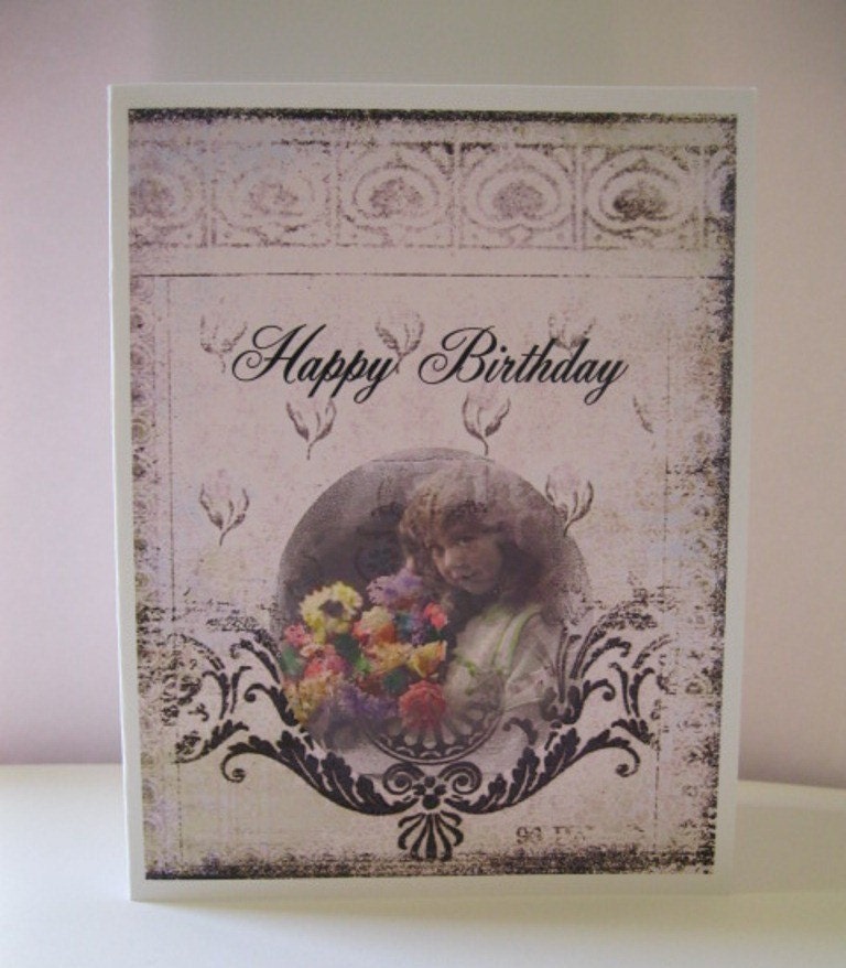 Inspirational Birthday Card -  VIntage Inspired Bouquet of Blessings - Sweet Girl with Flowers, Antique image - 1 Happy Birthday Card