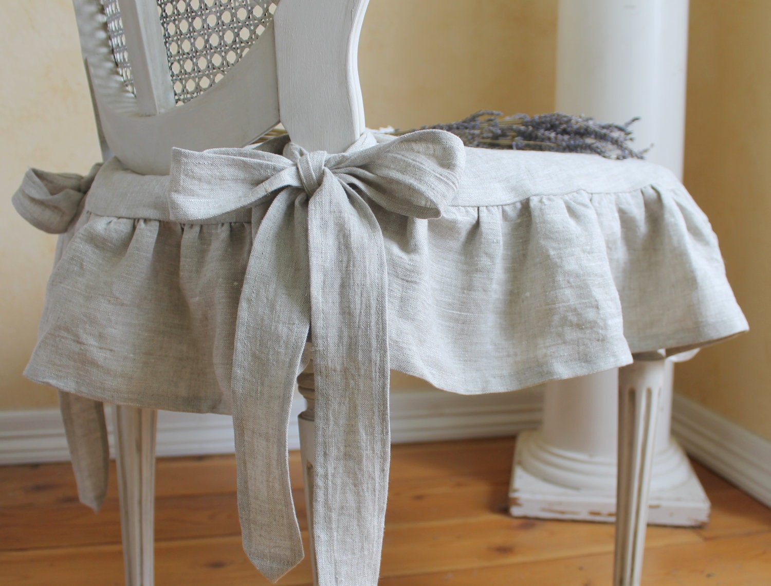 Shabby Chic Slipcover The Isabella Ruffled Linen chair Slipcover with ballerina ties Natural Linen