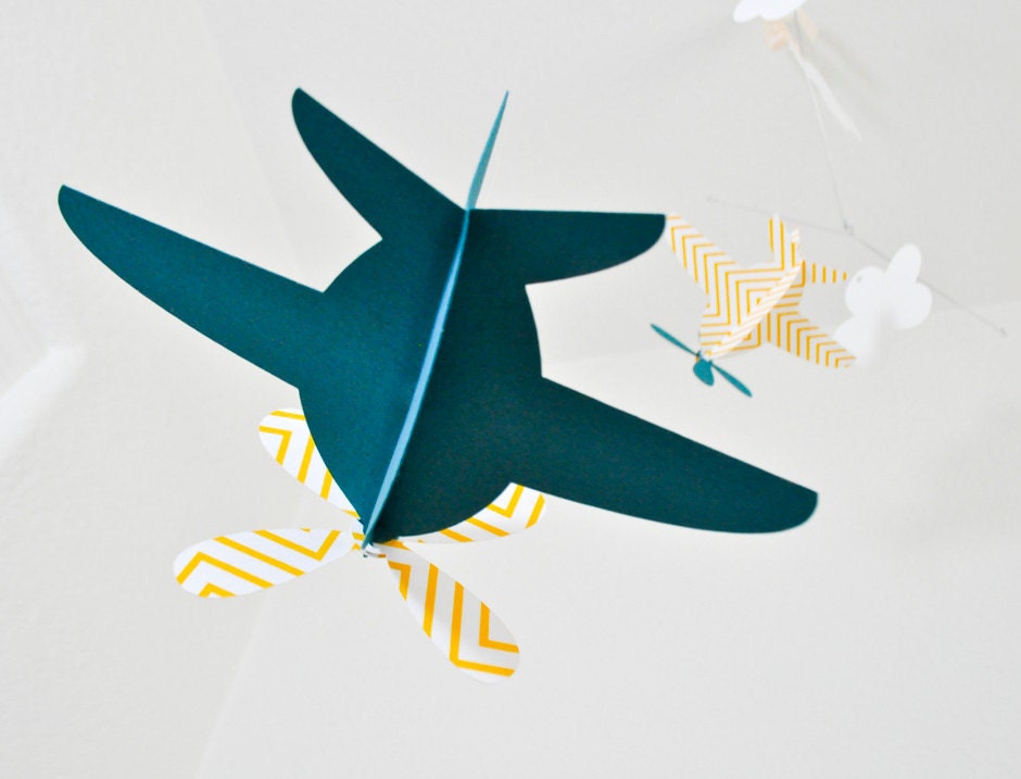 Baby Mobile, Airplanes in Yellow Chevron and Teal