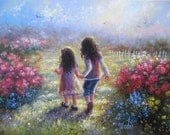 Garden Sisters Print from Oil Painting, two sisters, garden paintings, best friends, two girls in flower garden, sisters, limited edition
