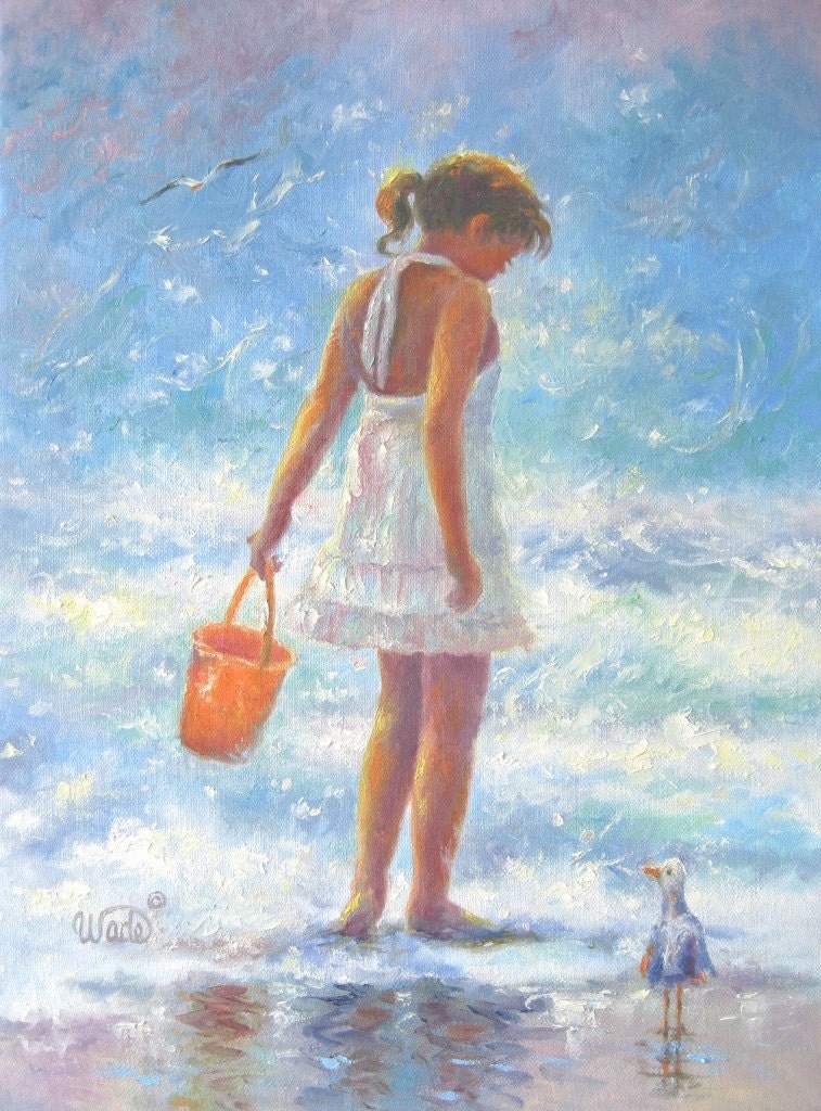 Beach Girl Art Print, figure, Vickie Wade art, beach paintings, prints, ocean, children, little girl, shelling, seascape