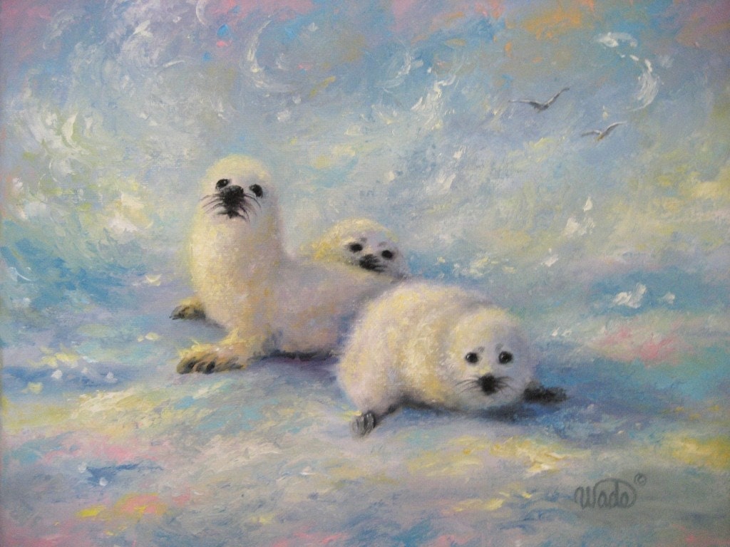Baby Harp Seals Art Print, baby harp seals paintings, snow seals, white seals, baby seals, winter wildlife art