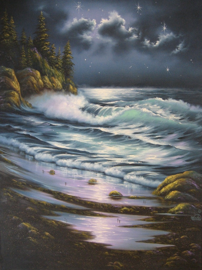 SALE Seascape 18X24 Original Oil Painting - Vickie Wade art, paintings, prints, ocean, moonlight, seascape, beach