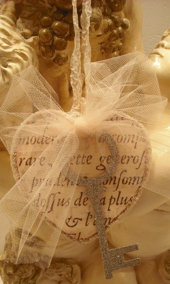 Christmas Ornament...Vintage Inspired French  Key To My Heart/French Script/Tulle/Glittered Key