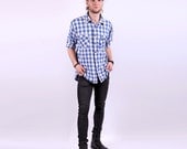 Gingham Shirt / Mens Blue Checked Flannel Shirt / size Large
