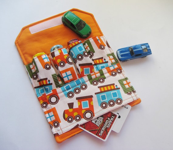 The ORIGINAL Car Wallet with Pocket (holds 4) ... Trains (orange)