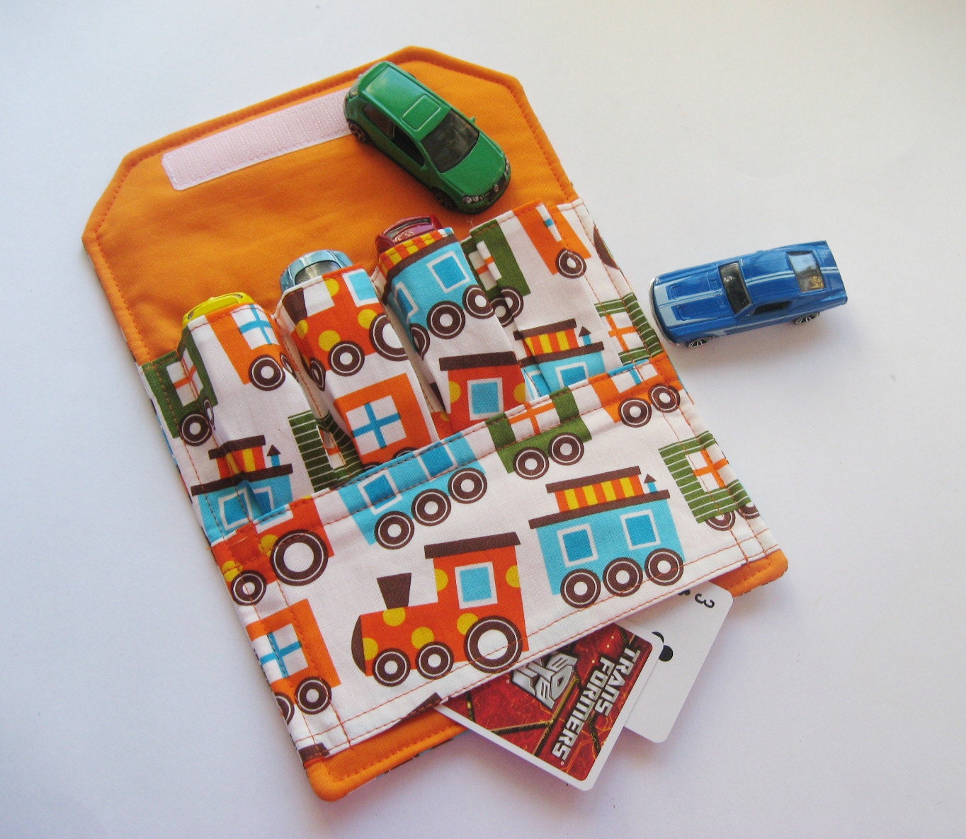 The ORIGINAL Car Wallet with Pocket (holds 4) ... Trains (orange)