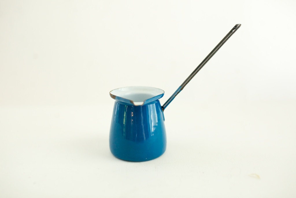 blue enamel long handled ladle. butter warmer. turkish coffee pot. made in yugoslavia
