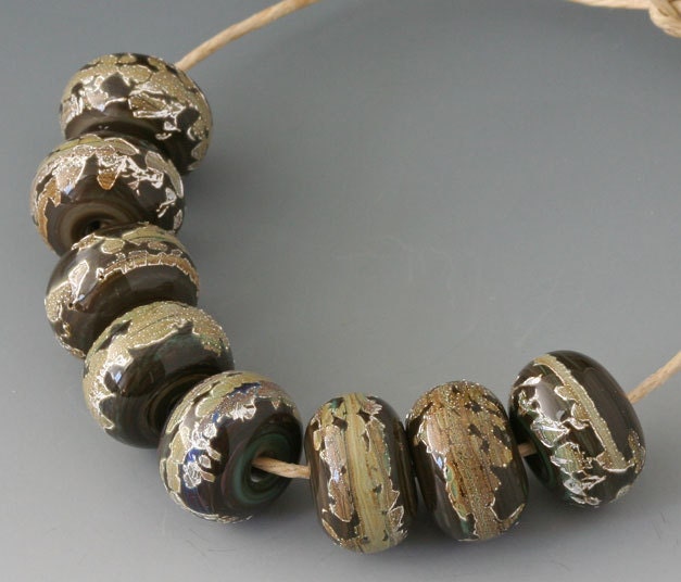 Amelia Mine - (8) Handmade Lampwork Beads - Deep Olive, Khaki, Silver