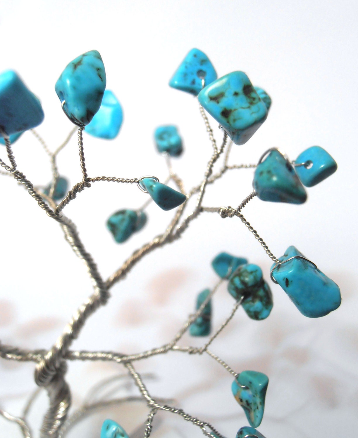 wire art  tree turquoise gemstone - silver plated wire turquoise gemstone chips - minimal home decor - WireMyTree