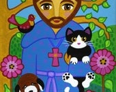 Saint FRANCIS of Assisi with CAT and Dog Art PRINT from Original Painting - by Jill