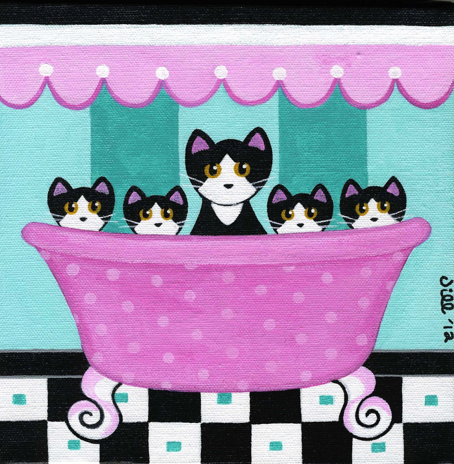 Five Tuxedo CATS in Pink Bathtub PRINT from Original Painting by JILL