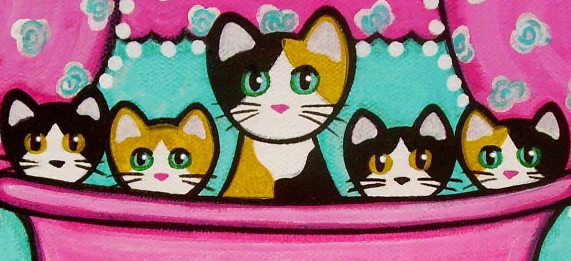 Calico CATS Kittens in Pink BATHTUB Art PRINT from Painting by Jill