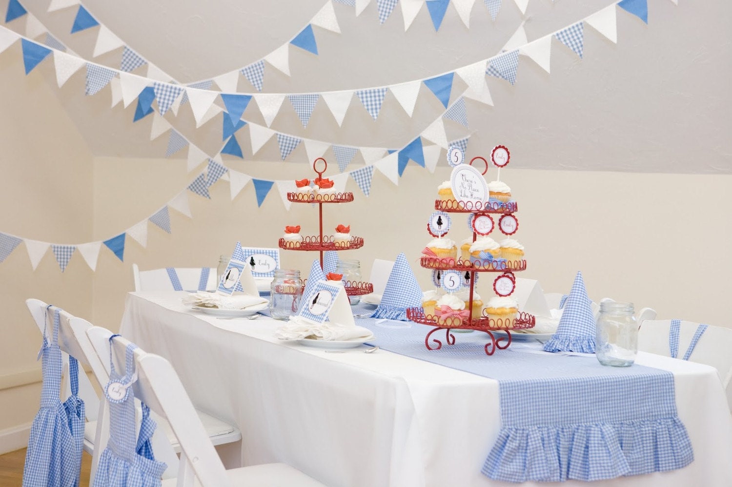 Blue Gingham And Polka Dot Fabric Flag Bunting, Garland, Banner, Pennant Decoration 9 Feet - As Seen On HGTV Blog