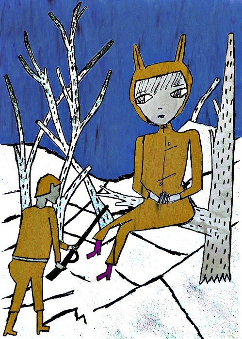 Big Winter Bunny Girl and Small Hunter: miniature print (ACEO) from original drawing
