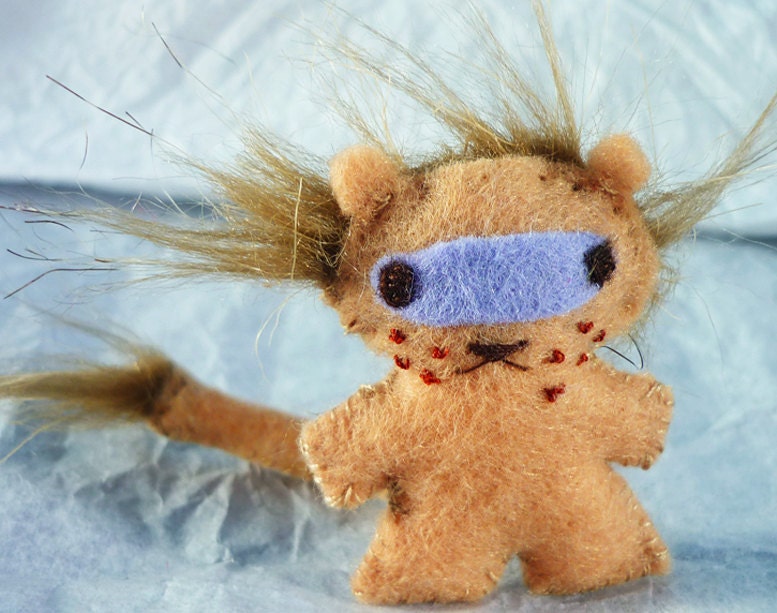 Miniature Ninja Lion Plush: stuffed plushie, hand stitched with felt