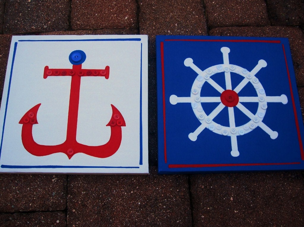 Anchor and Captain's Wheel 2 piece set, 12x12, red, blue and white nautical theme nursery kids wall art