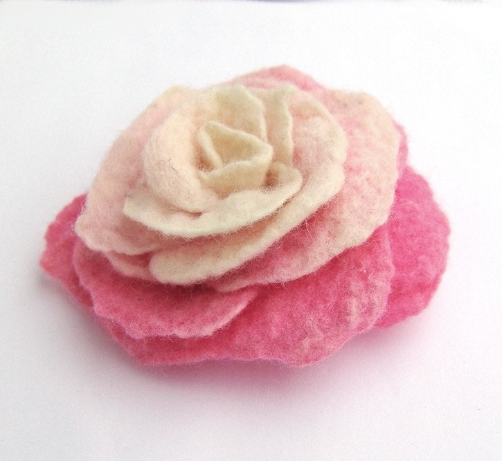 Felted flower brooch - Pink Rose 50% of this sale will go to Japanese Red Cross Japan Relief