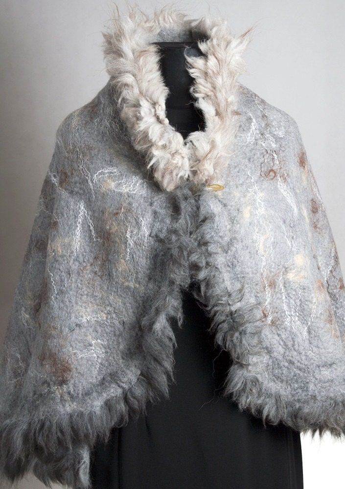 Felted capelet poncho wrap cap Fur  grey