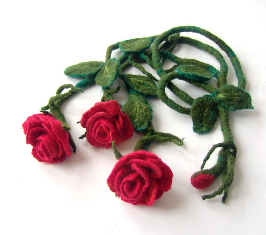 Necklace long felted flower Roses red gift under 50