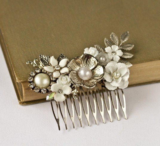 Bridal Hair Accessories - Vintage Silver Bridal Hair Comb, Wedding Hair Accessories Floral Hair Piece, Old Hollywood, Something Old, Collage