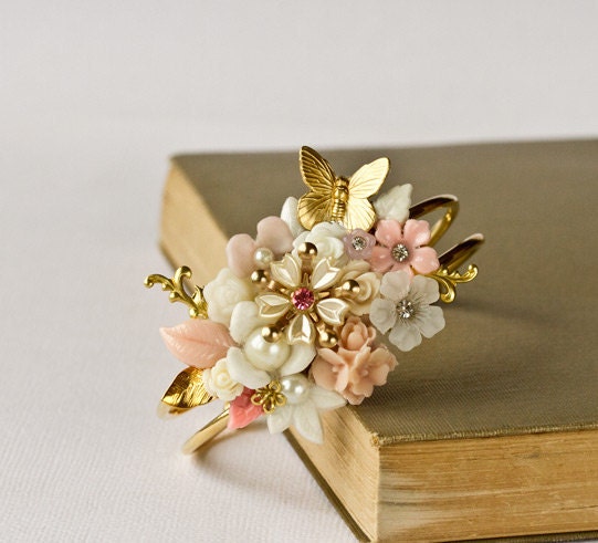 Bridal Bracelet - Pink Gold Cuff Bracelet, Something Old, Bridesmaids Gift, Vintage Shabby Chic Bracelet, Glamour Rhinestone Wedding Jewelry