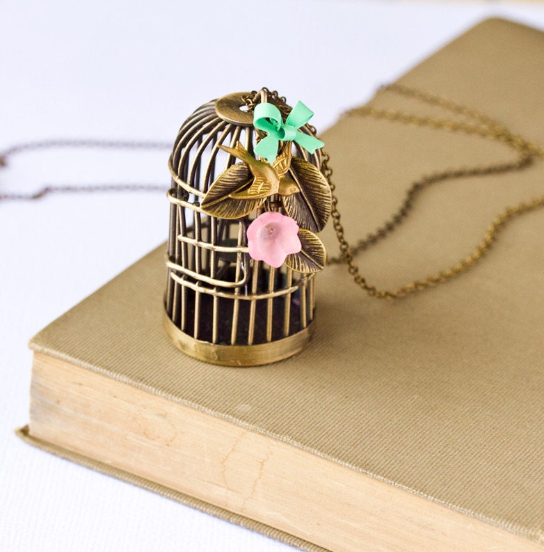 Shabby Chic Necklace - Vintage style Bird Charm, Bird Caige Necklace, Antique Brass Long Necklace, Mint Green Bow, Pink Flower