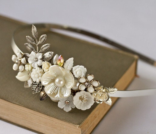 Bridal Headband - Bridal Hair Accessories, Vintage Headband, Shabby Chic Wedding Accessories, Silver Headband, Unique Bride, Pearl Collage