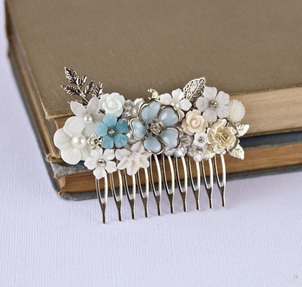 Bridal Hair Comb - Wedding Hair Accessories, Vintage Something Blue, Shabby Chic Wedding Hair Comb, Silver Hair Comb Something Old