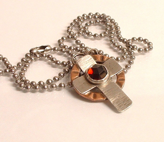 Sterling Silver, Copper, Garnet Cross Necklace