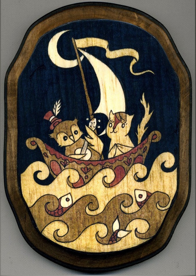 Mounted print wood art- Owl and Pussycat