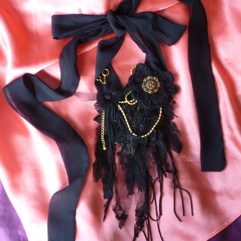 End of Days Sale, Gothic Black Beaded Lace Bib Necklace by gothB4play
