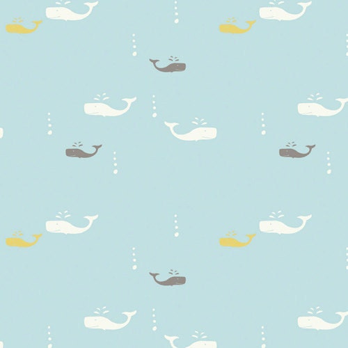 Birch STORYBOEK Whale Watch SKY- Organic Cotton Fabric- half yard-  low shipping