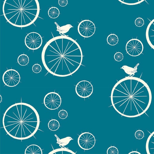 Birch MOD BASICS Birdie Spokes Teal- Organic Cotton Fabric- Check Out These Shipping Rates