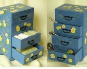Hand Painted Jewelry Chest - Hydrangea Blue with Soft Golden Yellow Roses, Butterflies, Clouds - 4 drawers Wood Storage Box