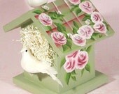 Decorative Birdhouse - Hand Painted Green Apple and Pink Plaid Roof, Pink Roses, 2 Silk Doves - Housewarming Wedding Favor Baby Shower